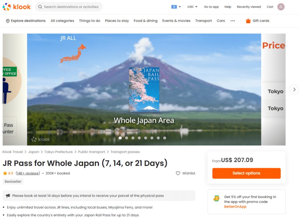 Klook Japan Rail Pass Booking Page