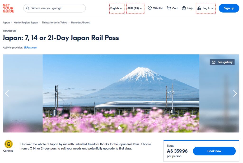 Get Your Guide Japan Rail Pass Booking Page