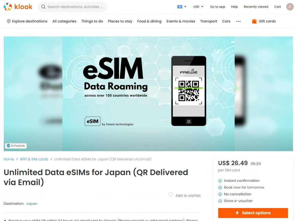 Klook Japan eSim Plans
