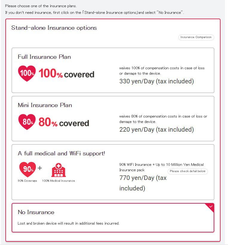 Ninja Wifi Booking Page - Insurance Options