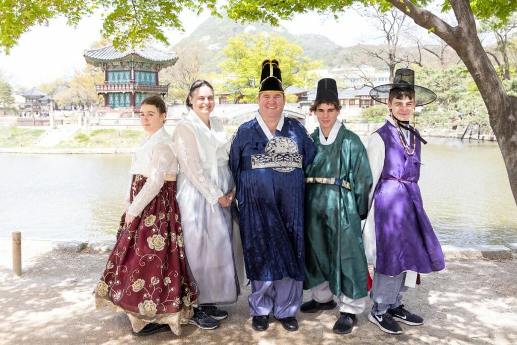 Anne and Tony Sutherland-Smith with their family at Gyeongbokgung Palace in Korea